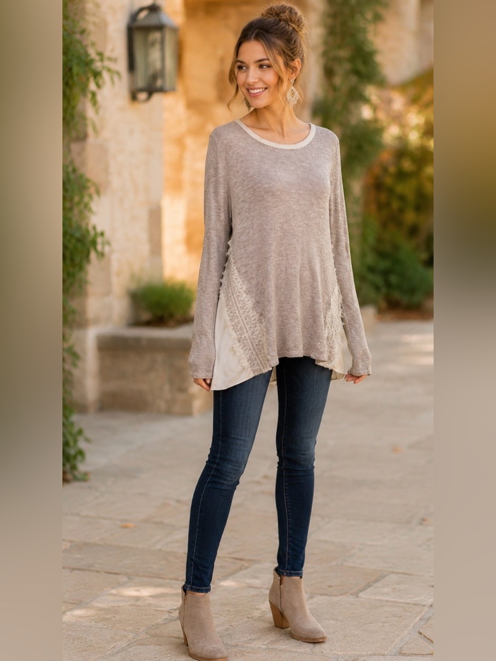 Three Pink Hearts Large Lace Mixed Media Tunic Top Boho Natural